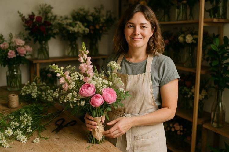 Florist inside her shop holding a pink flower arrangement, surrounded by other fresh blooms and floral tools on a wooden table.