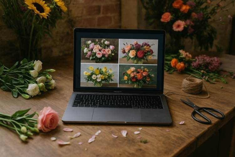 Photograph of a florist’s wooden workspace with a laptop displaying flower arrangements, surrounded by fresh blooms, scissors, and twine.