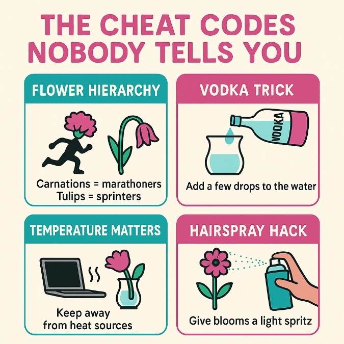 Square infographic titled “The Cheat Codes Nobody Tells You”: flower longevity hierarchy, vodka bacteria-block, avoid heat, light hairspray seal.
