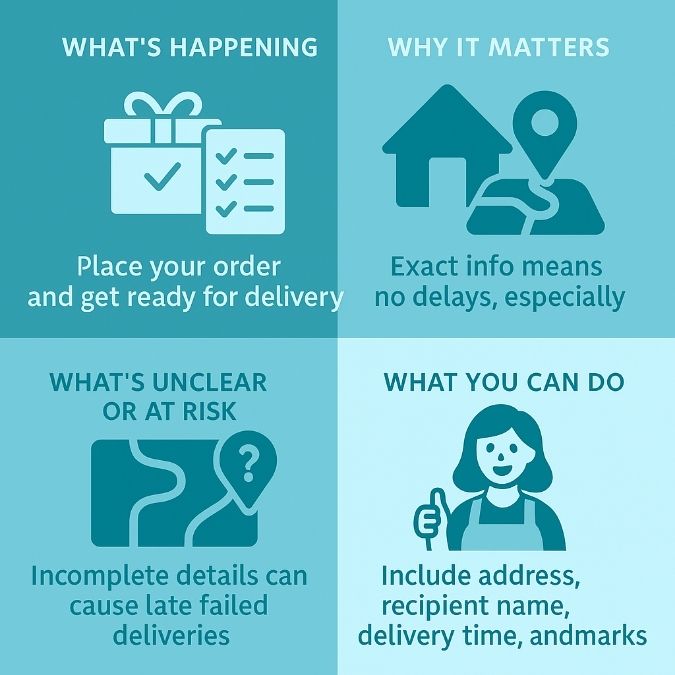 Square infographic in teal titled Be Specific on Your Delivery Details, showing steps for smooth flower delivery in Casino with icons for order, address, delivery time, and tips.