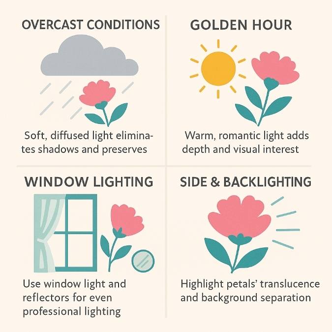 Overcast diffused light; golden hour glow; window lighting with reflector; side/backlighting highlights petal translucence.