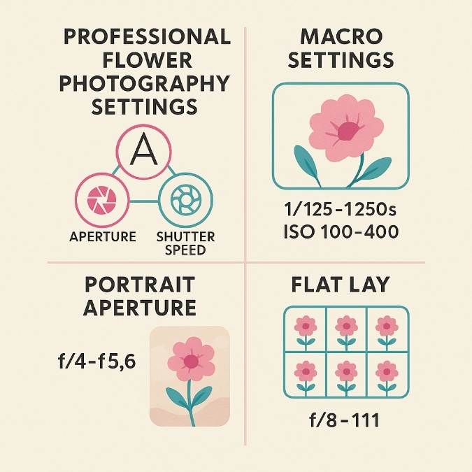 Four-panel infographic shows exposure triangle icons, macro settings f/2.8–f/4, portrait f/4–f/5.6, flat lay f/8–f/11 for flower photos.