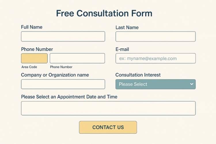 Minimalist “Free Consultation Form” on a light off-white background with teal-bordered input fields, a muted teal dropdown, and a soft yellow “CONTACT US” button.