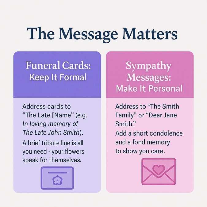 Two-panel square infographic titled The Message Matters comparing formal funeral flower card messages in indigo theme with personal sympathy messages in pink theme.