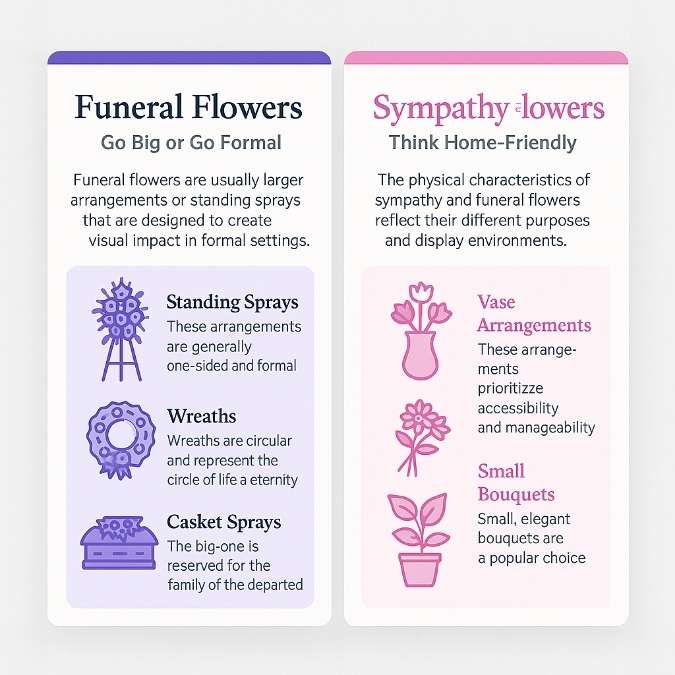 Two-panel infographic comparing funeral flower arrangements (standing sprays, wreaths, casket sprays) in indigo theme with sympathy arrangements (vase arrangements, small bouquets, potted plants) in pink theme.
