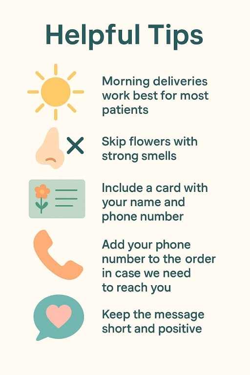 Infographic of five helpful flower-delivery tips: morning deliveries work best for patients; skip strong-smelling flowers; include a card with your name and phone number; add your contact number to the order; keep the message short and positive.
