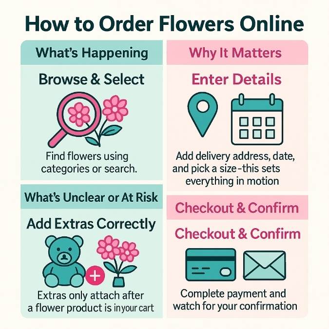 How to Order Flowers Online' with four illustrated steps: browse flowers, enter delivery details, add extras, and checkout.