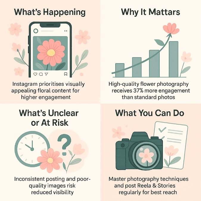 Phone with flower post; bar chart showing +37% engagement; clock with question mark; camera, checklist for Reels & Stories.