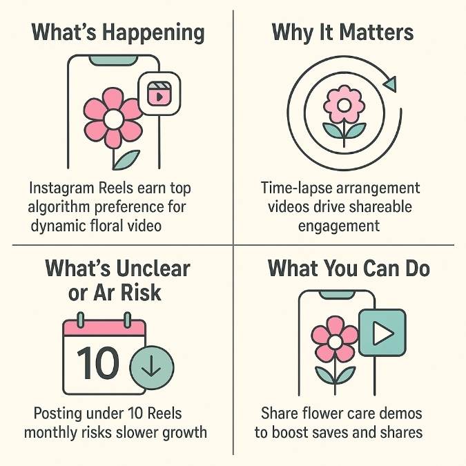 Reels icon with flower; time-lapse bouquet loop; calendar showing <10 reels, down arrow; phone with flower care demo.