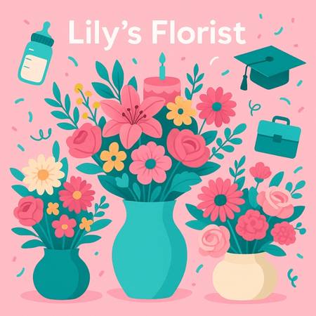 Square digital illustration of three contemporary floral bouquets in teal vases with pink, yellow and green flowers on a pastel pink background, celebrating new baby, birthday, graduation and promotion.