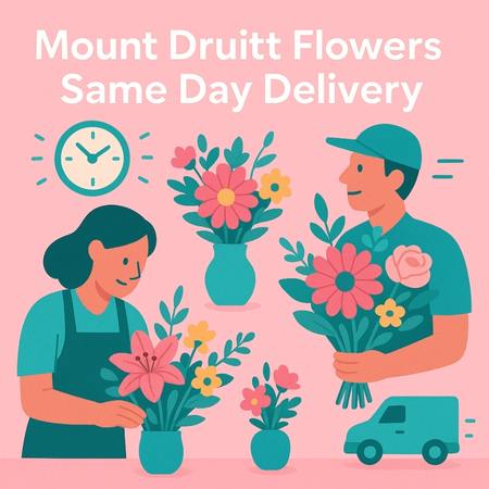 Square digital illustration of a florist and delivery person arranging pink, yellow and green flowers in teal vases on a pastel pink background with clock and van icons, highlighting Mount Druitt same-day delivery.