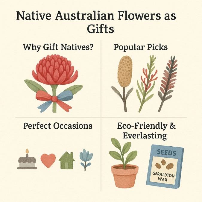 infographic titled “Native Australian Flowers as Gifts” showing: (1) a Waratah wrapped with a ribbon under “Why Gift Natives?”, (2) Banksia, Grevillea & Bottlebrush sprigs under “Popular Picks”, (3) cake, heart, house & flower icons under “Perfect Occasions”, (4) a potted native seedling and Geraldton Wax seed packet under “Eco-Friendly & Everlasting.