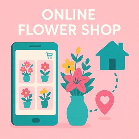 Square digital illustration of a teal smartphone displaying four flower arrangements next to a teal vase, house and heart map icons on a pastel pink background, highlighting online flower shop delivery.