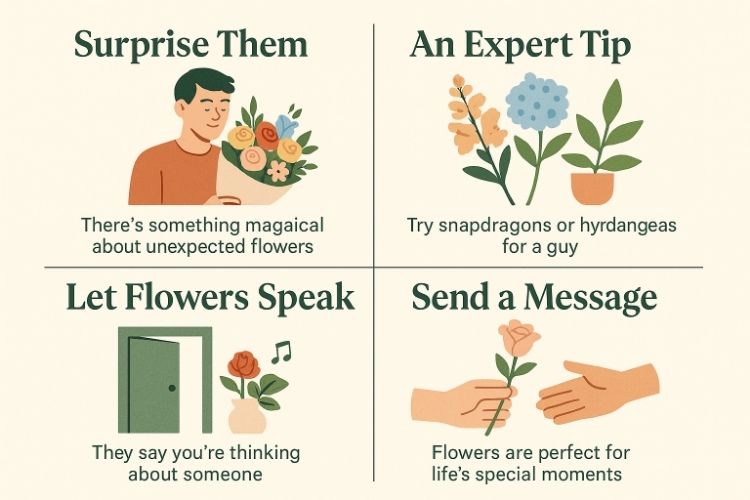 about sending surprise flowers in Rankin Park, with four illustrated panels showing magical surprises, expert tips for guys, flowers expressing feelings, and meaningful messages.