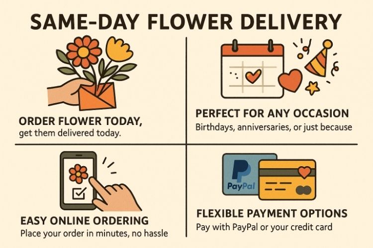 Infographic promoting same-day flower delivery in Rankin Park, with four illustrated panels highlighting fast delivery, easy online ordering, forgotten occasions, and simple payment options.