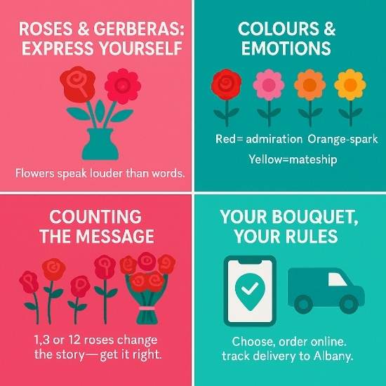 Square infographic shows roses and gerberas with colour meanings, rose counts, and online flower delivery tips for Albany.