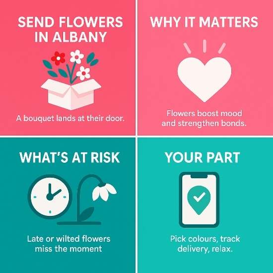 infographic in pink-teal palette explains sending flowers in Albany—benefits, delivery risks, and easy customer action steps.