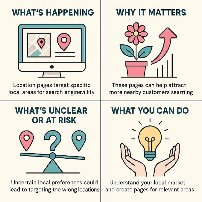 Four-panel infographic explaining SEO location pages for florists: map pin in browser, growth chart flower, risk seesaw, megaphone action.