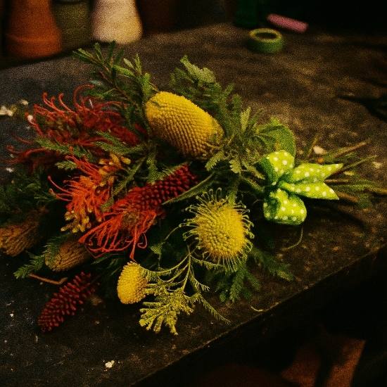 A winter native arrangement for Bathurst, featuring the stunning red 'toothbrush-like' Grevillea flowers alongside yellow Banksias.
