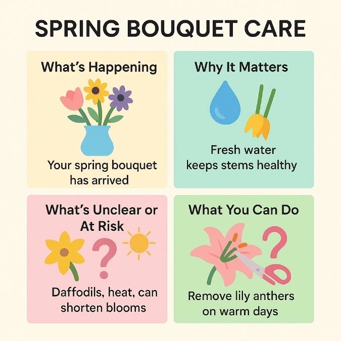 Square 2×2 infographic showing spring bouquet care: fresh water, trim stems, watch daffodils, and remove lily anthers on warm days.