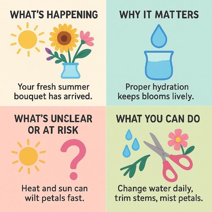 2×2 panel infographic showing summer bouquet care: cool shade, daily water changes, stem trims, and gentle misting for vibrant blooms.