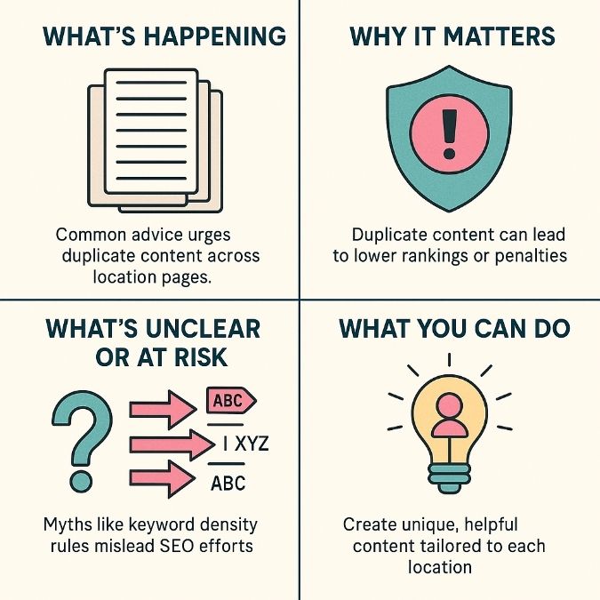 Four-panel infographic on SEO location pages: avoid duplicate content, understand dangers, debunk keyword myths, create unique local content.