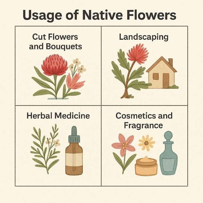 Usage of Native Flowers” showing: (1) cut flowers & bouquets with Banksia and Billy Buttons under “Cut Flowers and Bouquets,” (2) a Bottlebrush tree beside a house under “Landscaping,” (3) a Tea Tree sprig and dropper bottle under “Herbal Medicine,” (4) Boronia flower, Lemon Myrtle sprig, and a cream jar under “Cosmetics and Fragrance
