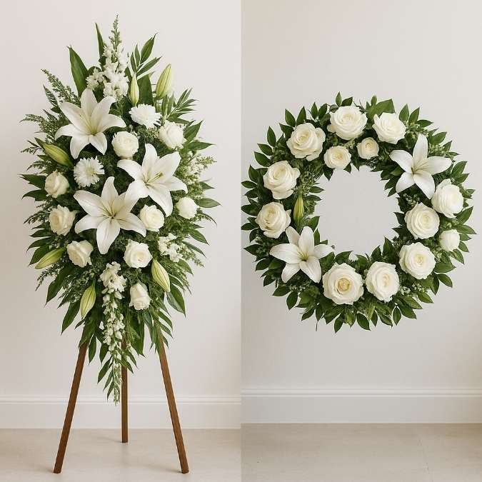 Side-by-side arrangement of a white lily standing spray and matching wreath funeral flowers
