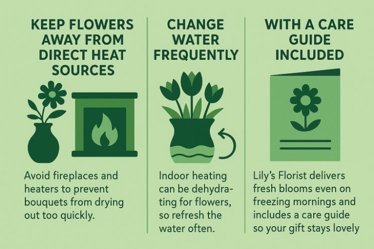 Infographic showing three winter flower care tips—keep blooms away from heaters, change water often, and include care guide.