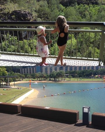 Asha and Ivy overlooking Darwin Harbour recreation lagoon in August 2013