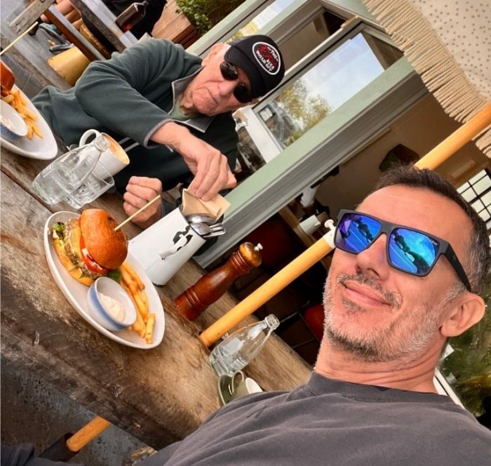 Andrew Thomson and his dad Ken having lunch at the Shelly Beach cafe in East Ballina