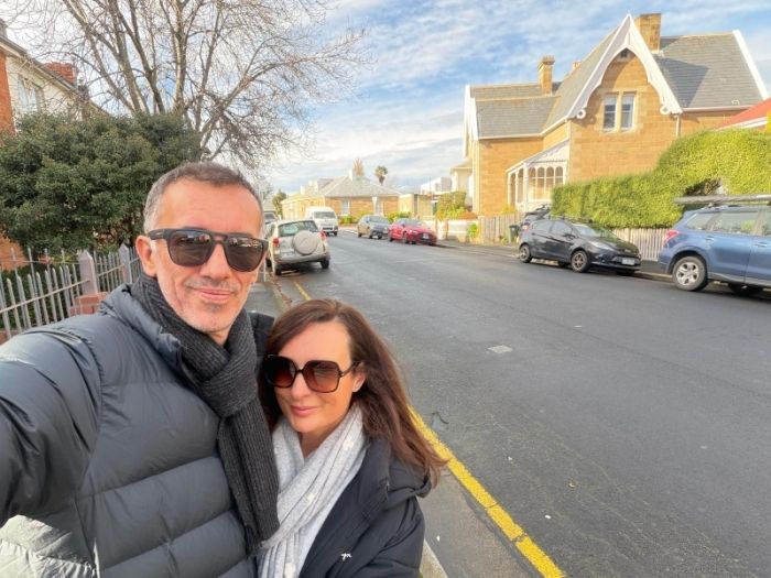 Andrew and Siobhan Thomson on Hampden Road in Battery Point, July 2026