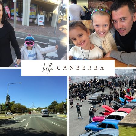 Collage of Thomson family visits to Canberra including Ivy at 72 Northbourne Avenue, Andrew with Asha and Ivy at Urban Pantry cafe, Parliament House, and Summernats 2022
