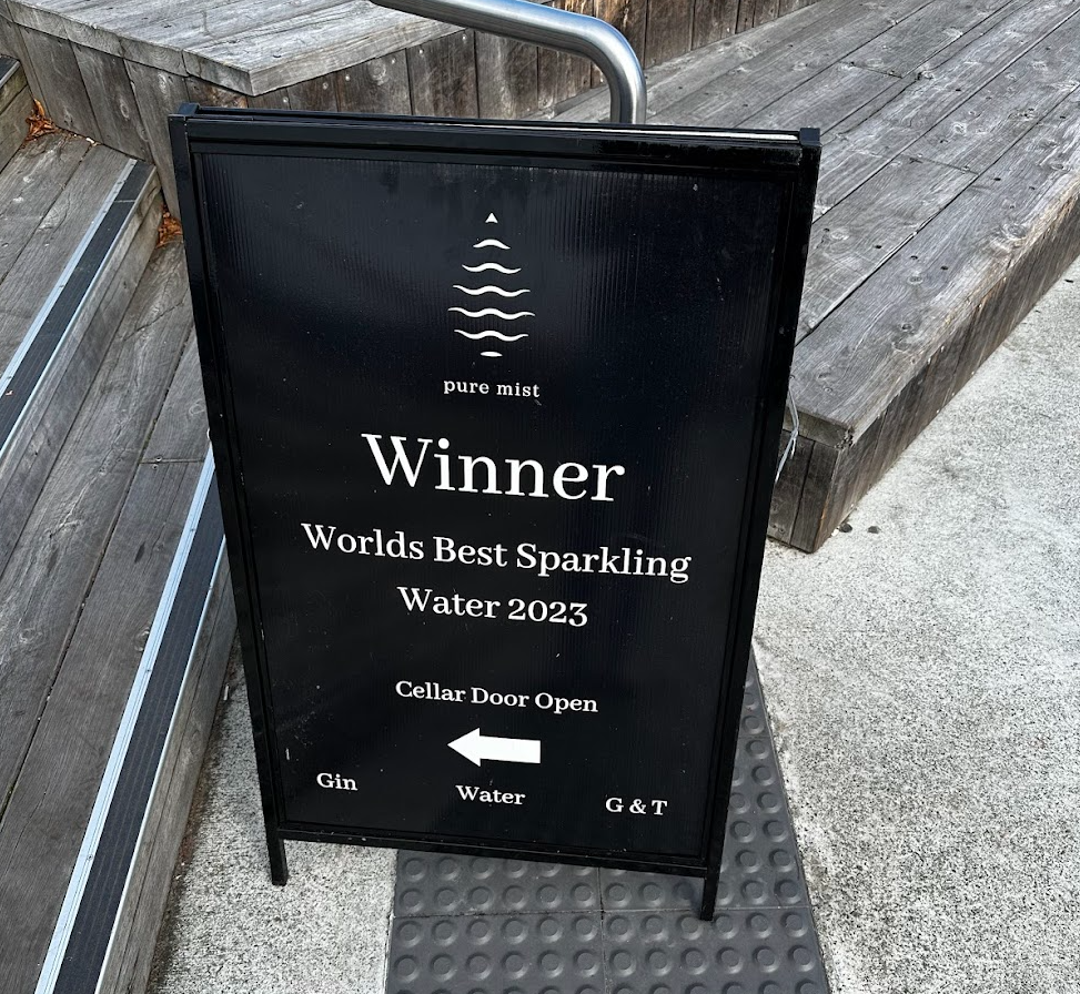 Pure Mist sparkling water sign in Geeveston Tasmania