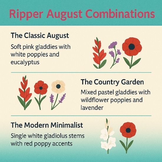 Square infographic on a teal-to-cream gradient featuring four creative August floral combos—Classic August, Bold Birthday, Country Garden, Modern Minimalist—with red gladdies, poppies, statice, eucalyptus, and lavender.