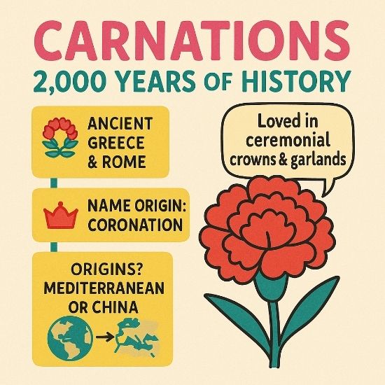 Infographic summarising the 2,000-year history of carnations—ancient Greek & Roman crown use, coronation name origin, and Mediterranean or Chinese roots.