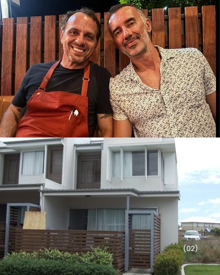 Left: The Drift Villas on Canthium Way, Casuarina, 2006. Right: Andrew Thomson with Mark from Bruto bar, Bells Boulevard, Casuarina, March 2026.