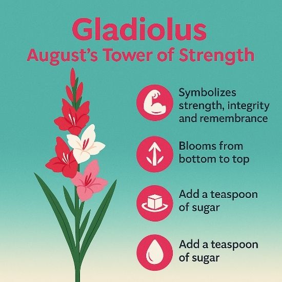 Square infographic featuring red, pink, and white gladiolus on a teal gradient background highlighting August birthflower symbolism—strength, integrity, remembrance—and care tips.