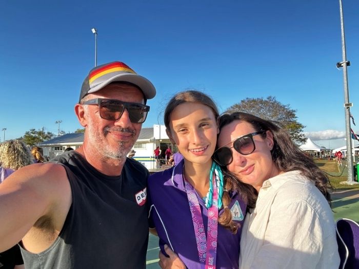 Andrew, Ivy and Siobhan Thomson in Townsville after Ivy's netball grand final win, June 2023