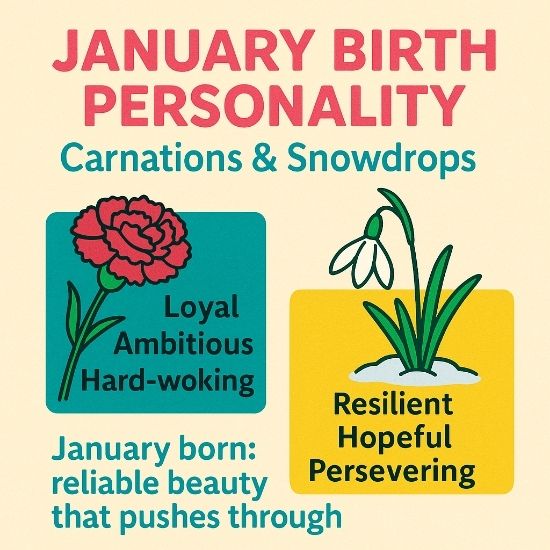 Square infographic of January birth flowers, a red carnation listing loyal, ambitious, hardworking traits and a white snowdrop showing resilient, hopeful, persevering traits.