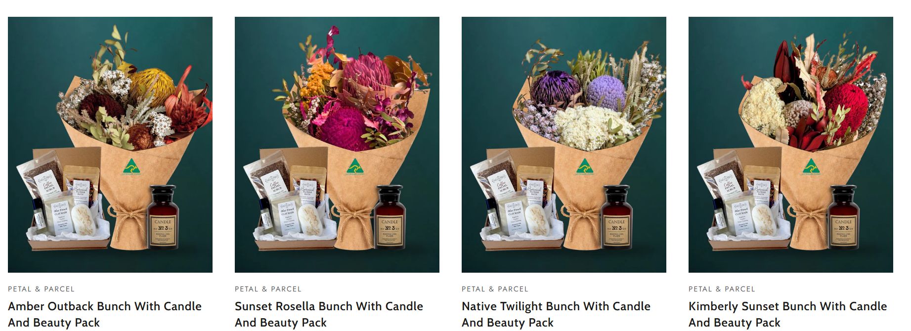 The Petal and Parcel product range featuring four Australian grown dried native flower bouquets paired with candles and beauty hampers. The Petal and Parcel product range featuring four Australian grown dried native flower bouquets paired with candles and beauty hampers.