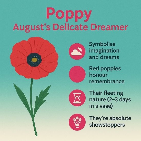 quare infographic showing a red poppy on a teal-to-cream gradient background with pink icons and charcoal text highlighting August birthflower symbolism, remembrance, vase life, and showstopper appeal