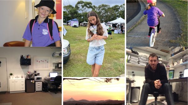 Photo collage of the Thomson family's Pottsville chapter: Asha at school, Ivy at the markets, the garage office at Koala Beach, sunset over Mt Warning, and Andrew with fax files from partner florists