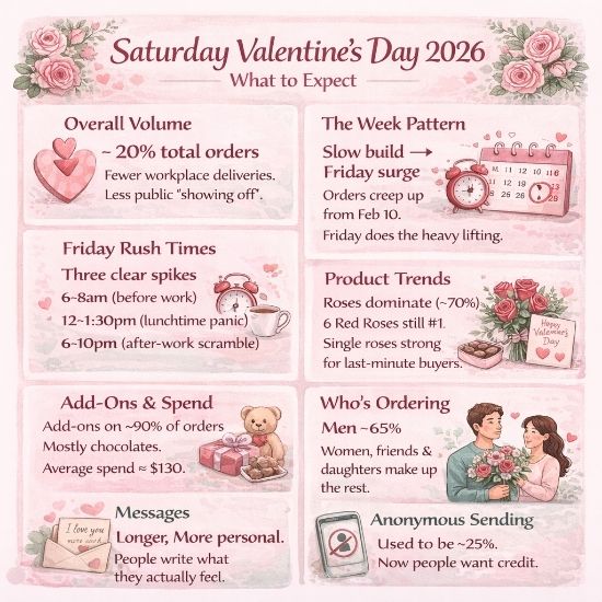 Infographic detailing 2026 Valentine’s Day floral predictions, including a 20% volume drop on Saturdays, Friday peak rush times, and 70% red rose dominance