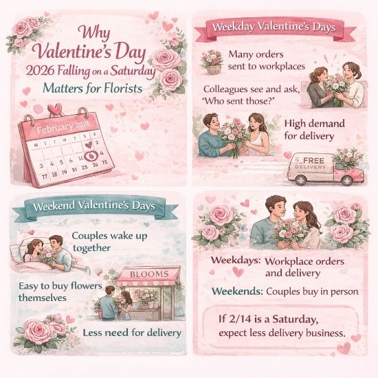 Infographic comparing weekday vs. Saturday Valentine’s Day floral trends, highlighting the shift from workplace social proof to private home celebrations.