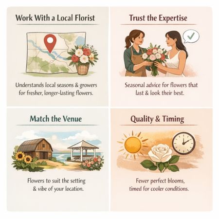 A four-part wedding flower guide from Lily's Florist featuring tips on working with local Tweed Coast florists, trusting seasonal expertise, matching floral styles to venues like Osteria or Ancora, and prioritising quality and timing for winter ceremonies. A four-part wedding flower guide from Lily's Florist featuring tips on working with local Tweed Coast florists, trusting seasonal expertise, matching floral styles to venues like Osteria or Ancora, and prioritising quality and timing for winter ceremonies.