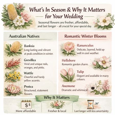 A seasonal wedding flower guide from Lily's Florist highlighting Australian Natives like Banksia and Grevillea, and Romantic Winter Blooms like Ranunculus and Hellebore, explaining why local June flowers are fresher and more affordable A seasonal wedding flower guide from Lily's Florist highlighting Australian Natives like Banksia and Grevillea, and Romantic Winter Blooms like Ranunculus and Hellebore, explaining why local June flowers are fresher and more affordable