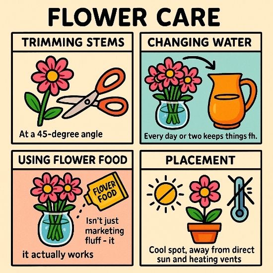 Four-panel infographic illustrating essential flower care tips: trimming stems at 45°, changing water daily, using flower food, and placing flowers away from heat and direct sunlight.