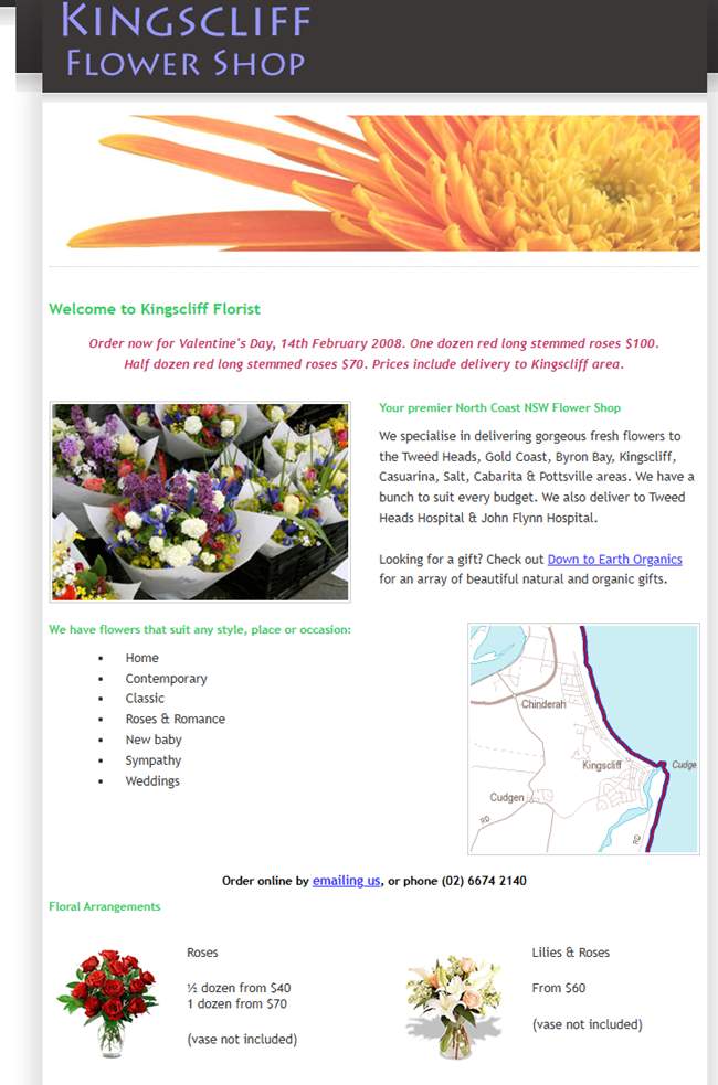 A photo of our first flower website which was for Kingscliff.