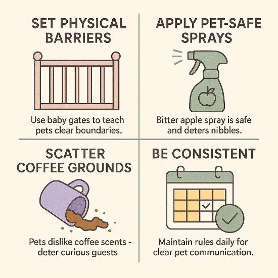 Square infographic with four panels showing pet-friendly plant tips: gates, bitter apple spray, coffee grounds, and consistent rules.